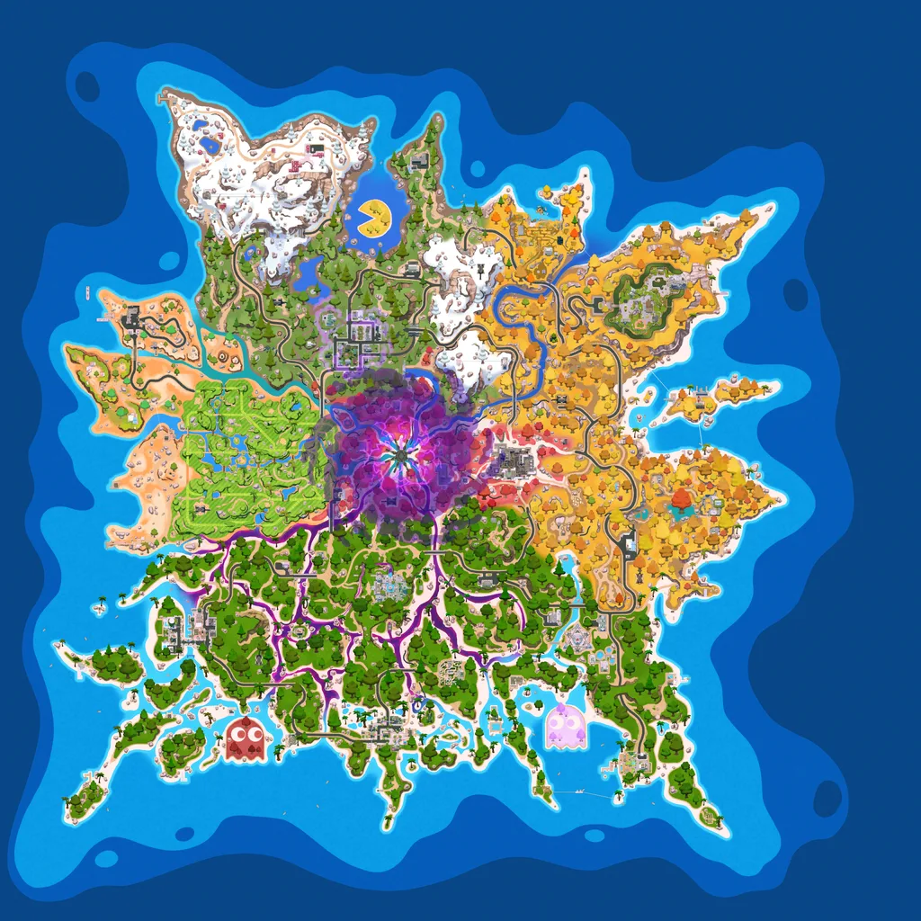 Mapa da ilha atual do Fortnite, com os locais nomeados