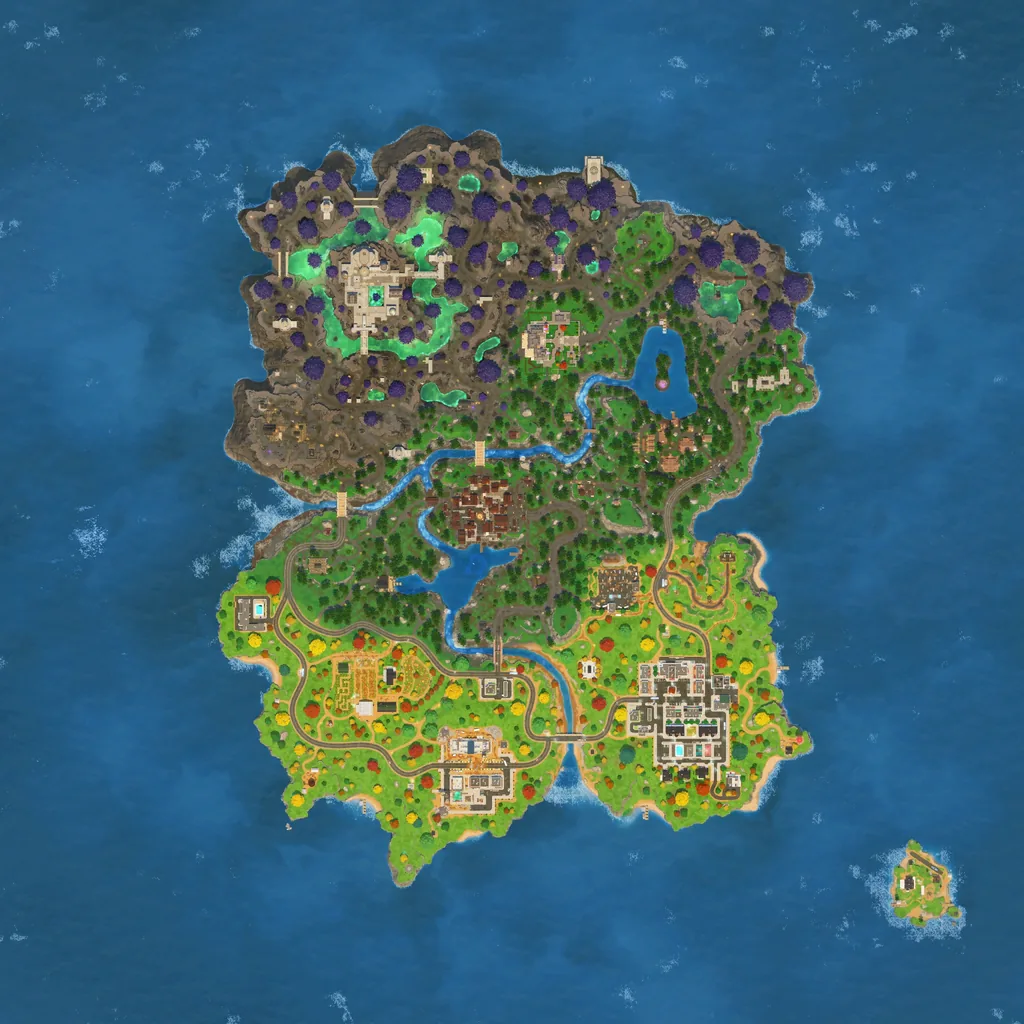 Mapa de Nitemare Island, una isla de Fortnite Reload, con sus ubicaciones con nombre