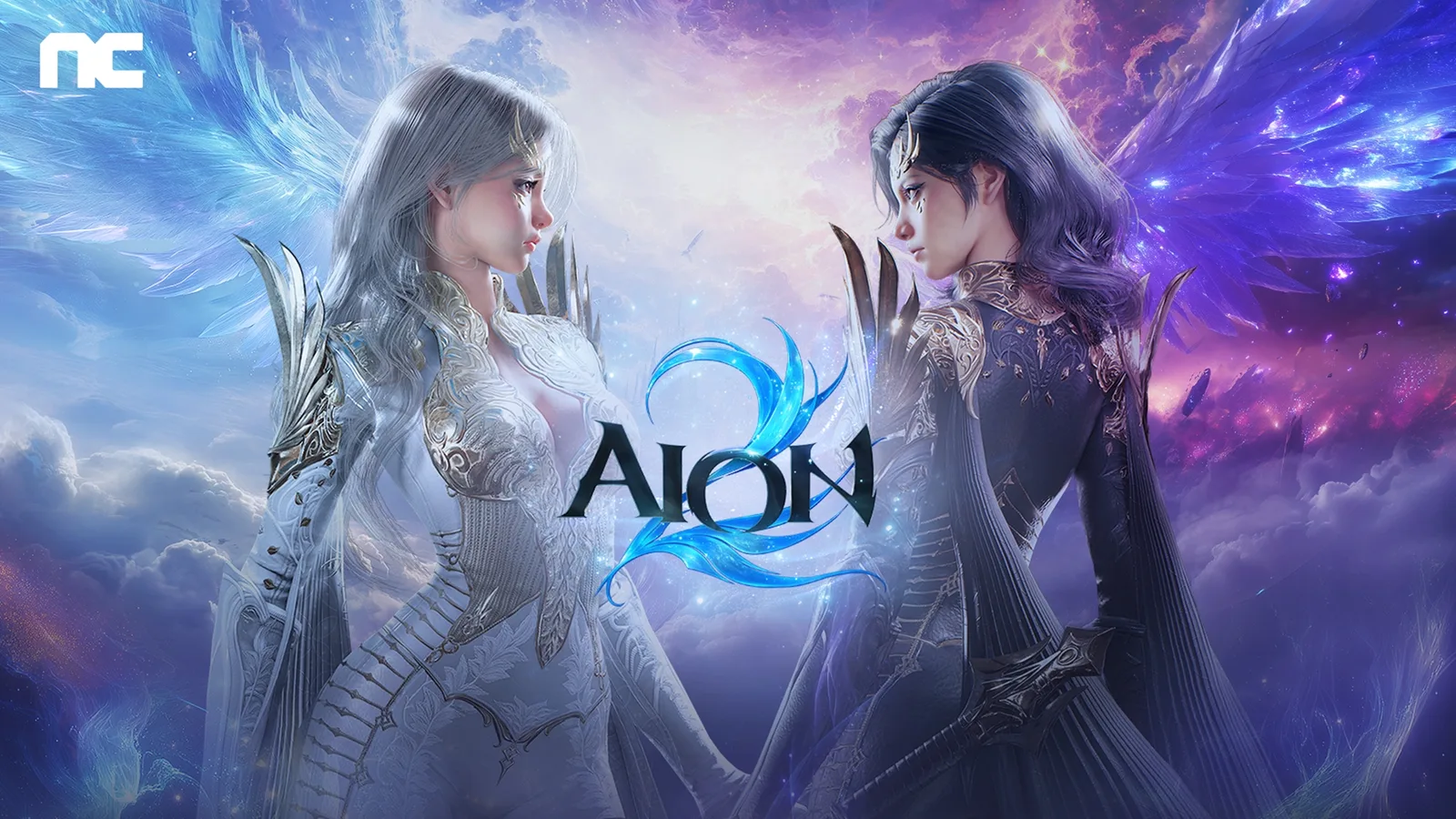 Uma Daeva Elyos e uma Daeva Asmodiana, aladas, frente a frente dos dois lados do logo de AION 2, com o céu branco de um lado e violeta do outro