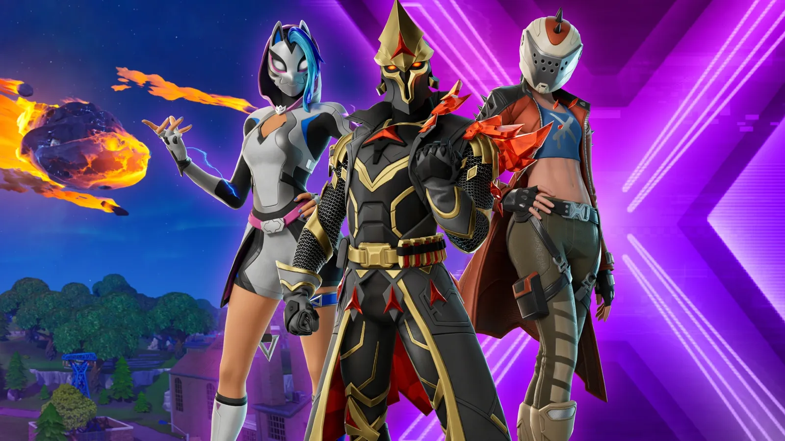 Três heróis do Fortnite posam diante de um X roxo brilhante enquanto um meteoro cruza o céu da ilha