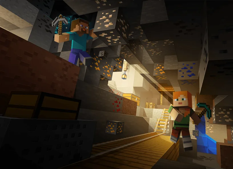 Steve e Alex escavam uma caverna iluminada por tochas, entre veios de minério e um baú ao lado dos trilhos