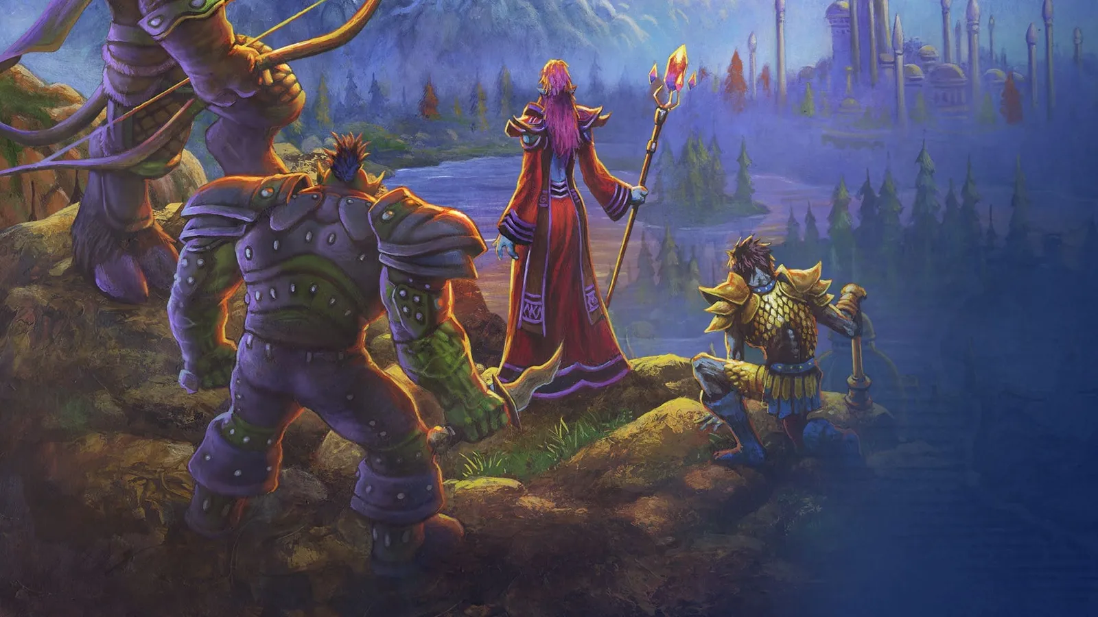 Quatro heróis de Azeroth contemplam um lago e uma cidade distante ao entardecer