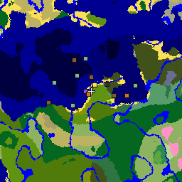 Map of seed -5629077896888440466: 2,048 by 2,048 blocks around its spawn, with its biomes and structures