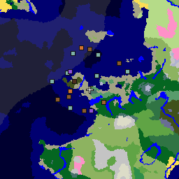 Map of seed -8919146067593874198: 2,048 by 2,048 blocks around its spawn, with its biomes and structures
