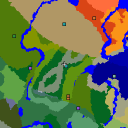Map of seed 2278402988982035474: 1,024 by 1,024 blocks around its spawn, with its biomes and structures