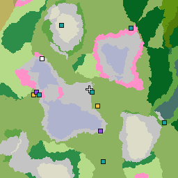 Map of seed 587279076931411398: 1,024 by 1,024 blocks around its spawn, with its biomes and structures