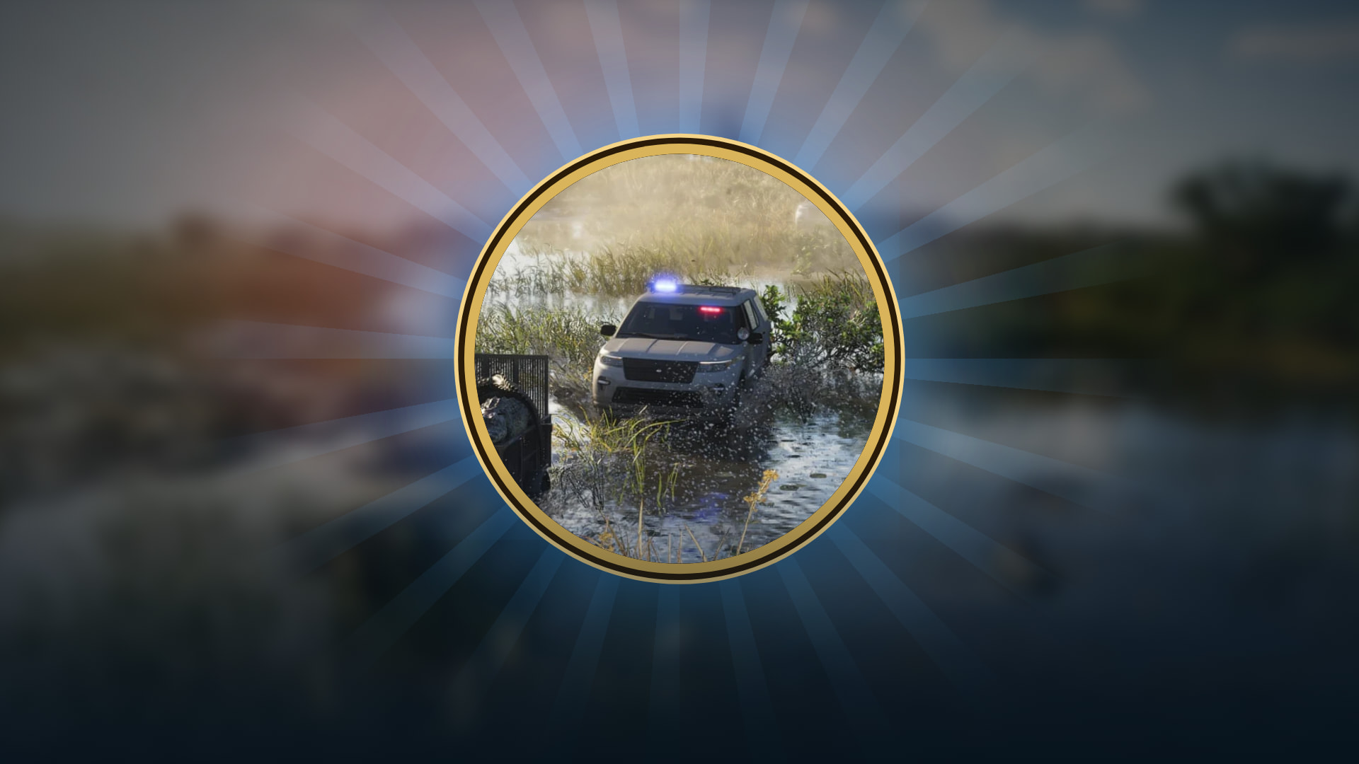 A police car with its lights on in the Grassrivers, from Rockstar's GTA VI screenshots: GTA 6 is rated M for Mature 17+ by the ESRB and USK 18 in Germany