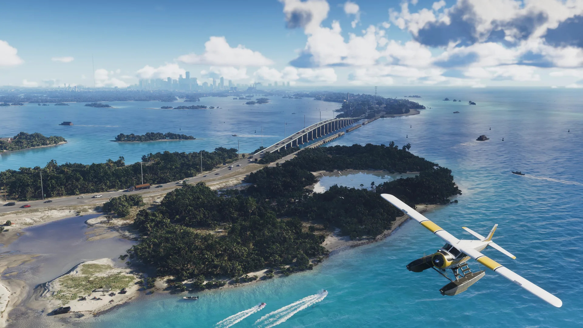 Rockstar GTA VI 截图：水上飞机飞过 Leonida Keys，远处是罪恶城。据 Edge 报道，地图面积接近 GTA 4、GTA 5 和 RDR2 的总和